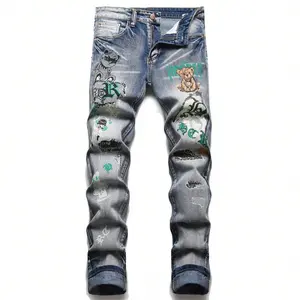 Graffiti Washed Jeans Printed Graffiti Distressed Washed And Distressed Jeans Men Jeans Para Hombre Straight-Leg Wide-Leg Stretch All-Season Streetwear Y2K Vintage Wash