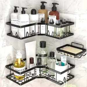 Shower Shelf Corner, Adhesive Shower  Rustproof, Shower Shelves Corner with Soap Holder, No Drilling Shower Corner Organizer for Dorm, Renters Bathroom, Black, 3 Pack