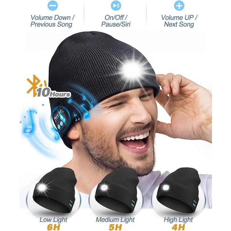 Bluetooth-enabled knitted hat with lights, unisex, USB rechargeable, 4 LED flashlights, comes with wireless earphones, a unique Christmas and birthday gift, suitable for men, husbands, and teenagers, outdoor activity headband, lightweight and breathable f