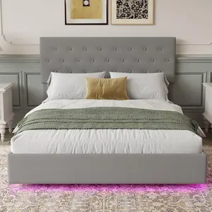 Cozy Queen Bed Frame with Square Stitching Design RGB LED Lighting Charging Station No Spring Mattress Required Modern Bedroom Bed Frame Off White Easy Assembly Stable Structure