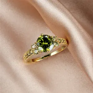 RING4U - Simple Female Olive Green Crystal Jewelry Charm Gold Color Thin Wedding Rings For Women Cute Bride Round Zircon Engagement Ring