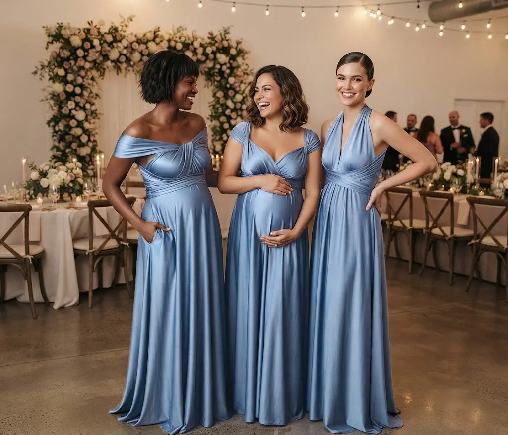 Women's Minimalist Style Infinity Bridesmaid Dress - Convertible Maxi Wrap Gown with Pockets, Multiway Formal Bridal Party & Plus Size Evening Wear