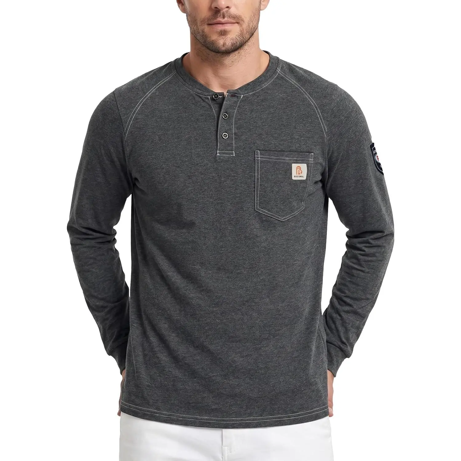BOCOMAL Men's FR Henley Shirt Flame Resistant 5.5oz Cotton Long Sleeve Workwear UL NFPA2112 CAT2 Welding Tee