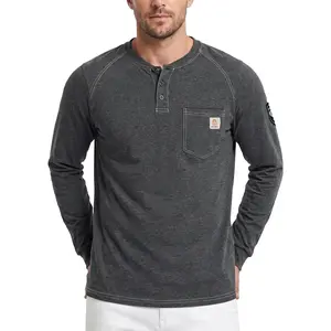 BOCOMAL Men's FR Henley Shirt Flame Resistant 5.5oz Cotton Long Sleeve Workwear UL NFPA2112 CAT2 Welding Tee