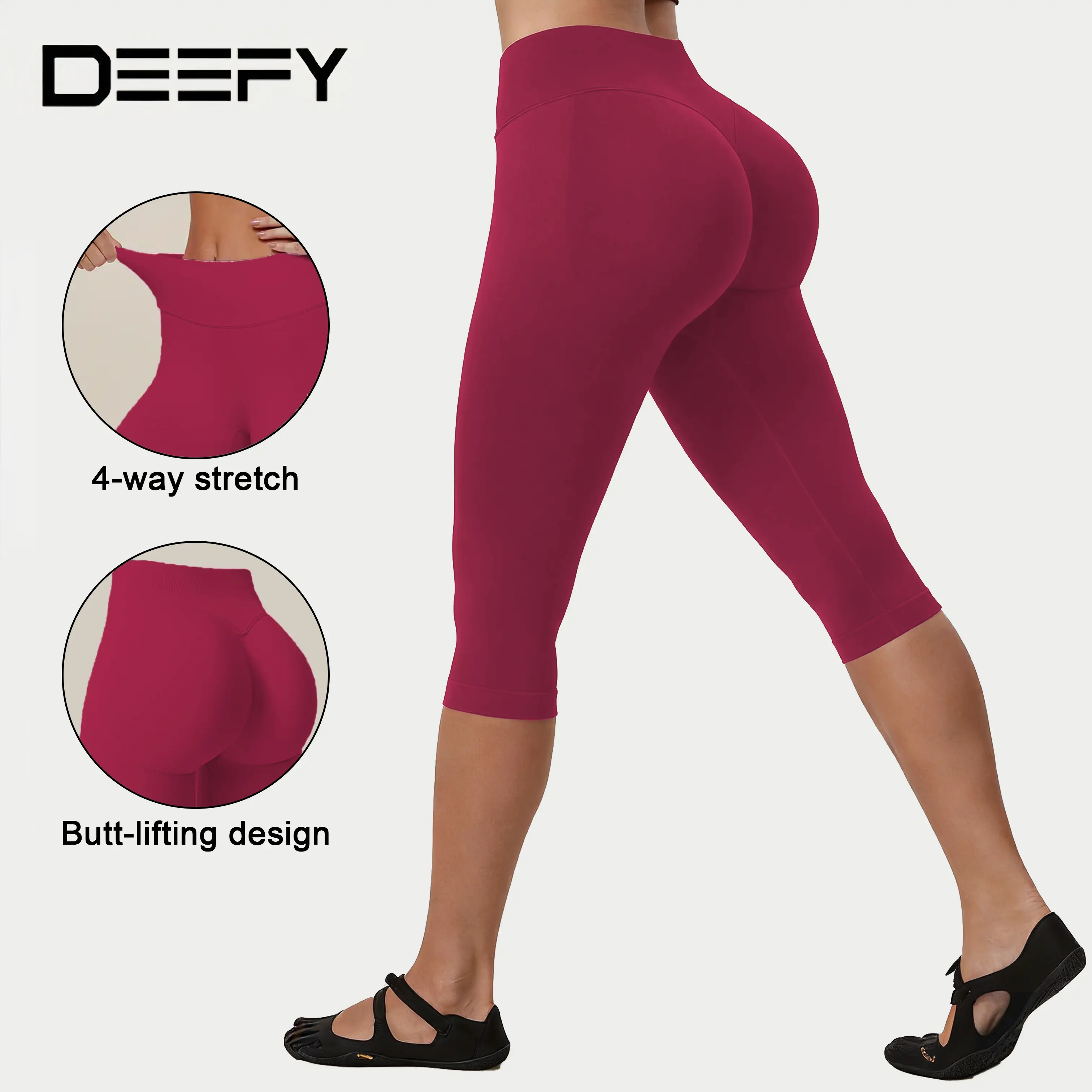 DEEFY Ease Womens Workout Capri Leggings 17" No Front Seam High Waisted Hidden Scrunch Gym Yoga Pants