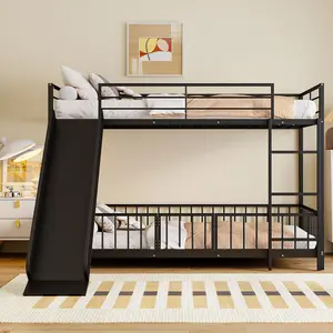 Heavy-Duty Metal Twin Over Twin Bunk Bed with Slide, Safety Guardrail, Small Door and Ladder, No Box Spring Required, Black
