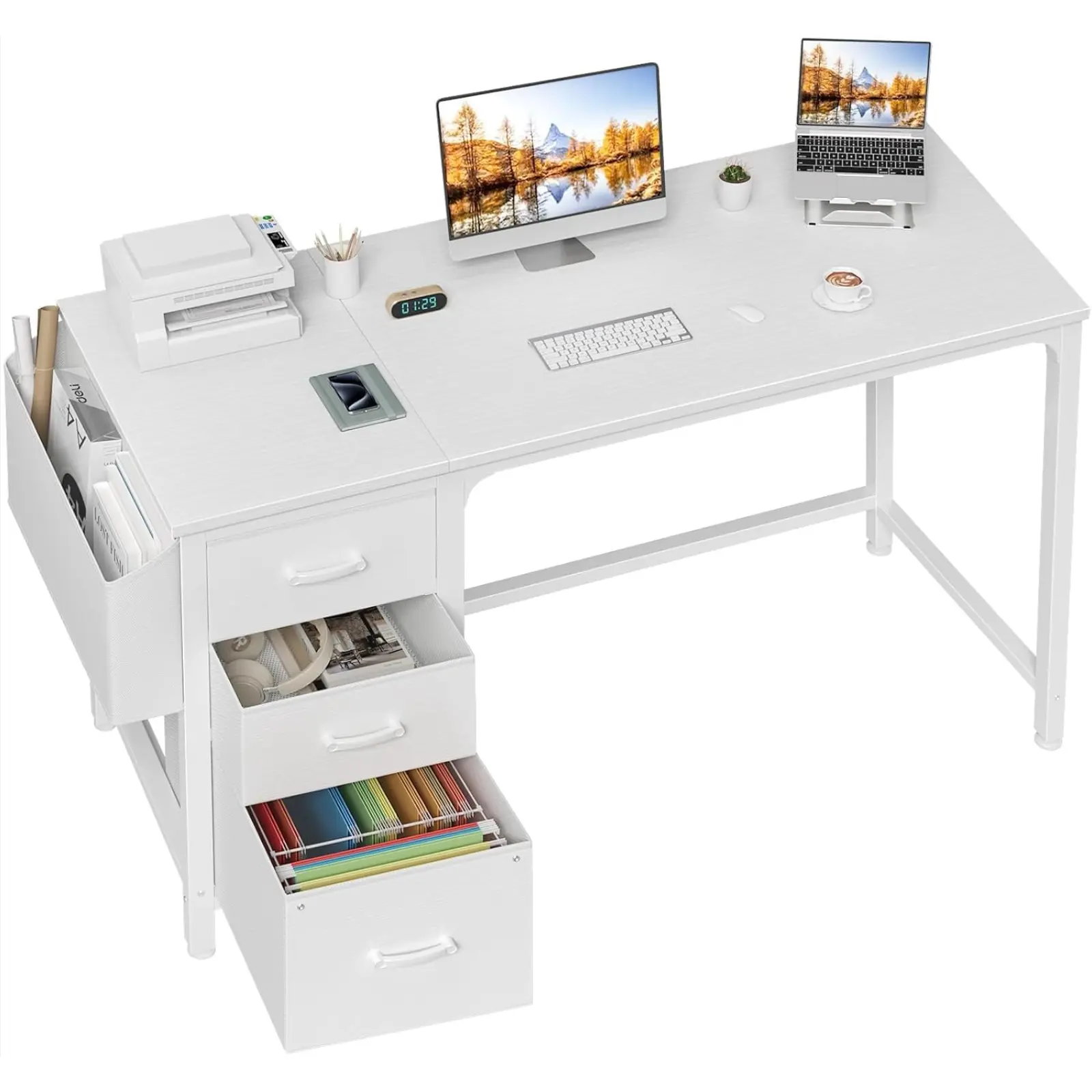 Lufeiya White Computer Desk with Fabric File Drawers Cabinet, 55 Inch Reversible Desks with Storage Filing Cabinet for Home Office, Modern Writing Table PC Desks for Bedroom, White