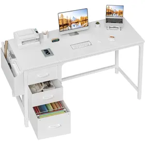 Lufeiya White Computer Desk with Fabric File Drawers Cabinet, 55 Inch Reversible Desks with Storage Filing Cabinet for Home Office, Modern Writing Table PC Desks for Bedroom, White