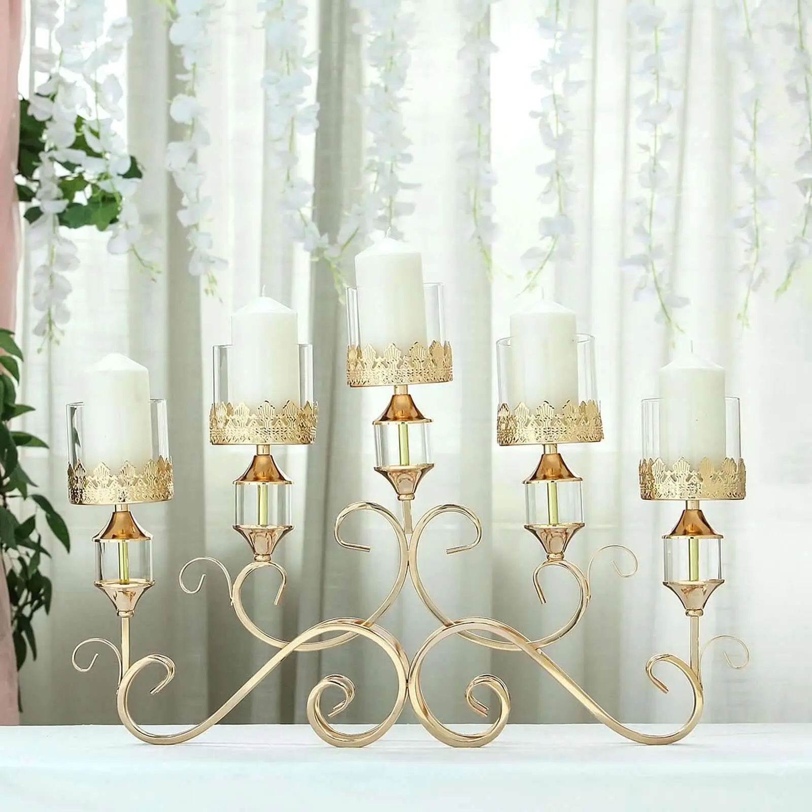 5-Arm Antique Gold Metal Candelabra Crown Top Design 18" - Horizontal Table Centerpiece with Hurricane Glass Votive Candle Holders, Decor, Home Decoration