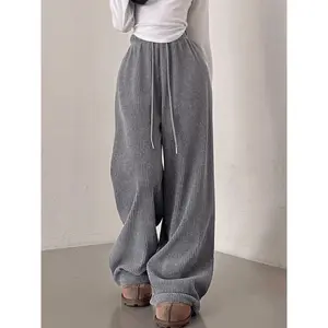 High-waisted straight-leg corduroy pants for autumn and winter, available in various colors, featuring a drawstring elastic waistband, suitable for girls’ casual wear with a relaxed fit.