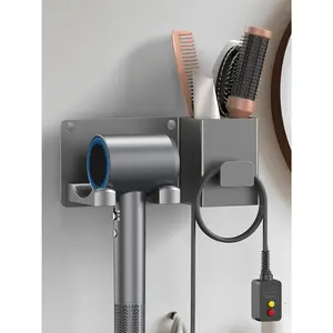 Hair Dryer Holder Wall Mounted with Tool Organizer, Blow Dryer Holder Compatible With Dyson/Shark, Hair Dryer Hanger Adhesive/Screw Mount for Bathroom, Vanity, Bedroom