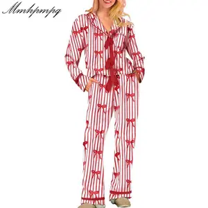 Women Pajamas Bow/Heart Print Tie Front Long Sleeve Tops and Long Pants Set Sleepwear Loungewear Womenswear Casual Check Pjs pj pants Can be used with a raincoat