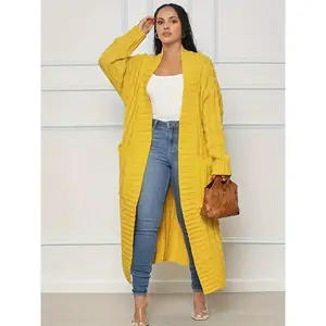 Women's Solid Drop Shoulder Pocket Cable Knit Long Cardigan, Casual Long Sleeve Open Front Knitwear for Fall & Winter, Women's Knit Clothing for Daily Wear