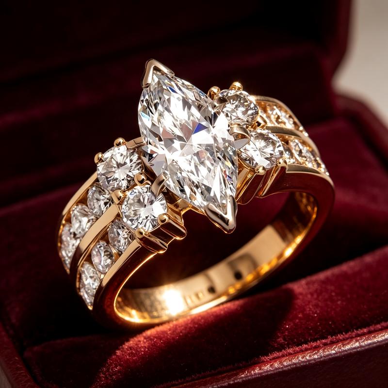 Women's Elegant Multi-Faceted Wide-Edge Marquise Pave Faux Diamond Ring - 3-Stone Eternity Costume Jewelry with Gold Accents, Female Bridal Engagement Meaningful Gift for Wedding Proposals, Anniversary
