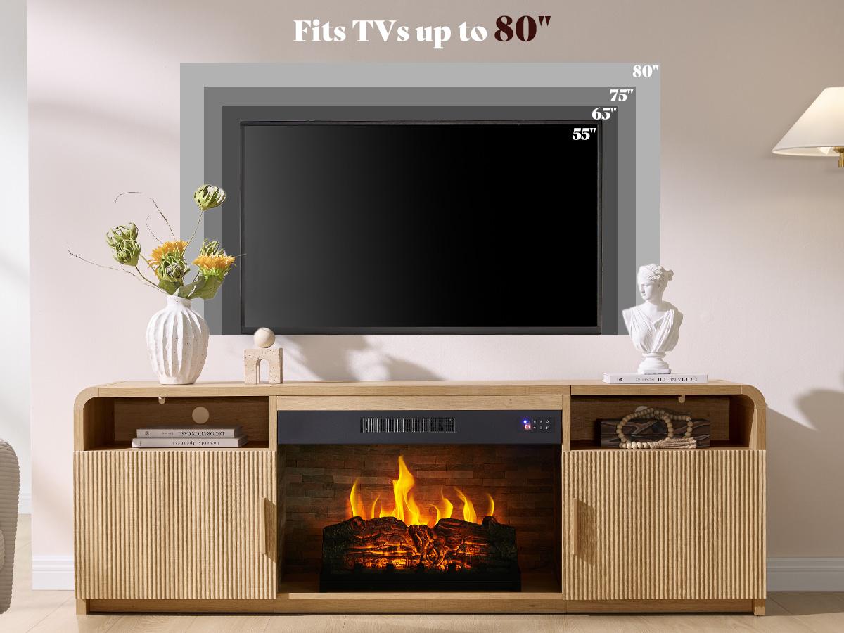 AMERLIFE 70" Fluted Fireplace TV Stand for TVs Up to 80", Modern TV Console with 30" Electric Fireplace & Storage Cabinets, Media Entertainment Center for Living Room