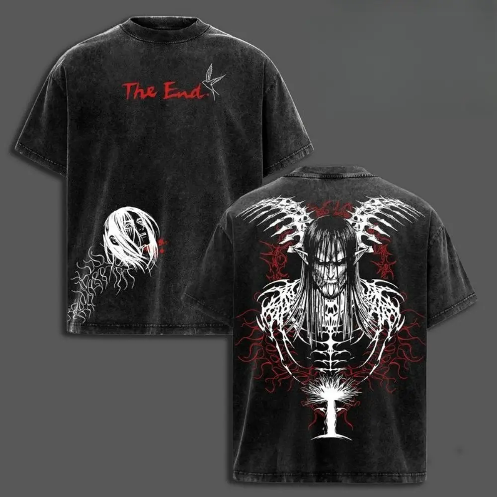 ''The End'' Eren Yeager T-Shirt Attack on Titan Anime Graphic Tee Final Season Oversized Acid Washed Cotton Shirt Anime Streetwear Casual Menswear Anime Merch Gift for Anime Fans AOT Lover Attack on Titan anime merchandise