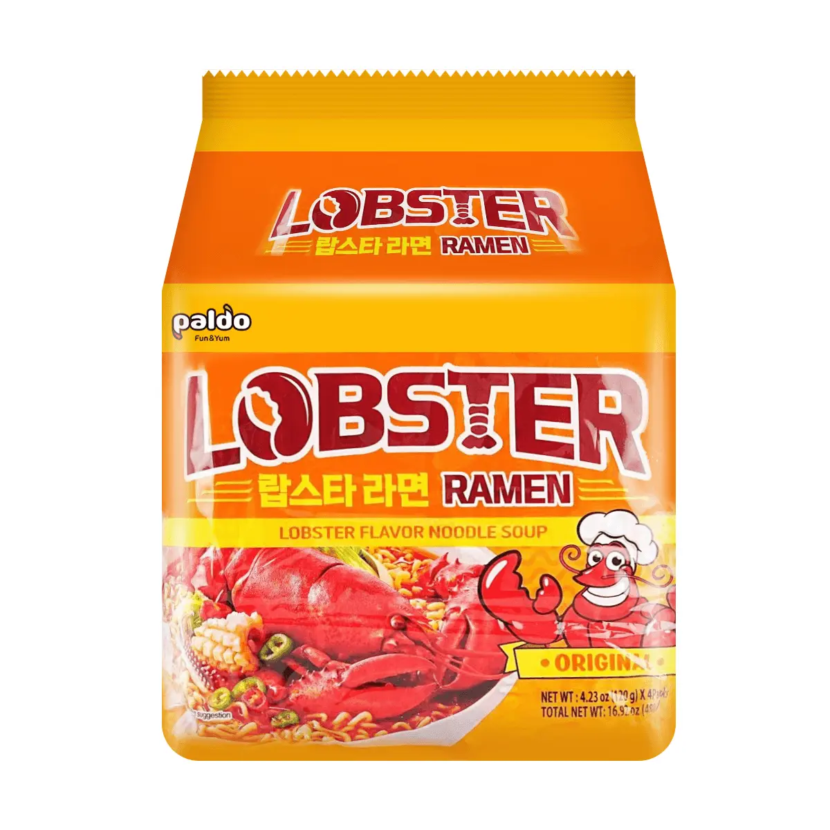 PALDO Korean Lobster Ramen Instant Noodles 4-Pack Original Flavor 480g - Savory Seafood Soup Noodles