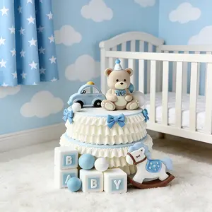 Blue Pink Bear Cake Toppers Baby Blocks Building Blocks Car Trojan Horse For Boy Girl Baby Shower Birthday Party Decor Supplies