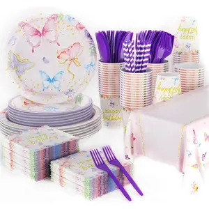 141 count Butterfly Birthday Party Decorations for  Shower Including Butterfly Plates and Napkins Straws Cups Forks Tablecloth for Girls Birthday Party Decorations