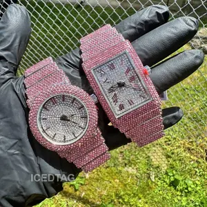 Iced Bling Out Pink Lab Diamond Unisex Luxury Hip Hop Party Watch stainless steel