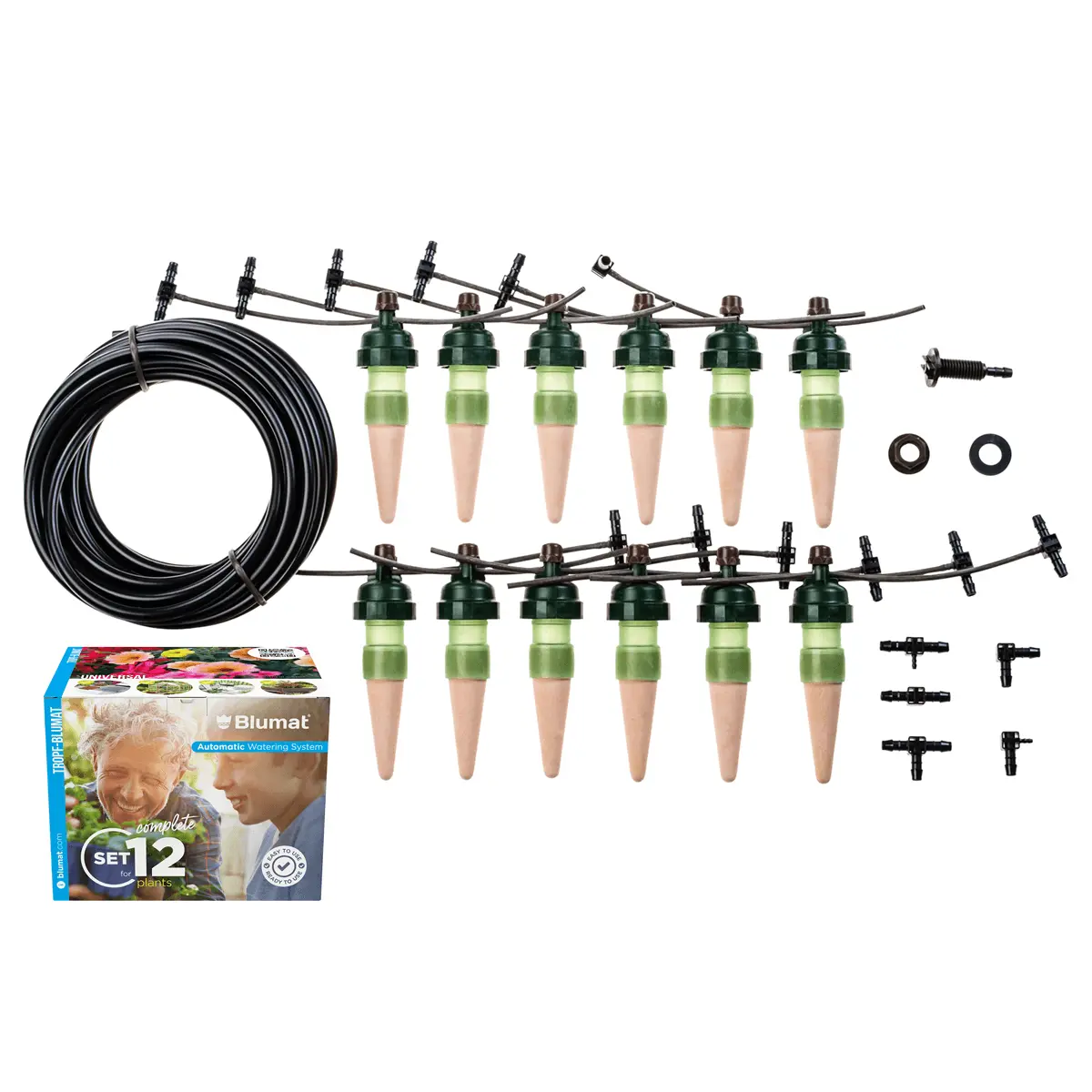 Blumat 12-Sensor Automatic Drip Irrigation Kit - Gravity-Feed Outdoor Self-Watering System for Planters, Grow Bags, Hanging Baskets, Bushes, with 1 Hose End-Piece