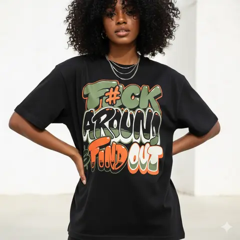 Women's 100% Cotton Round Neck Short Sleeve Fitted Draped Graphic T-Shirt - "Around & Find Out" Slogan, Customized Unisex Cut, All-Seasons Casual Top, Uplifting Birthday Gift, consult chart and size up