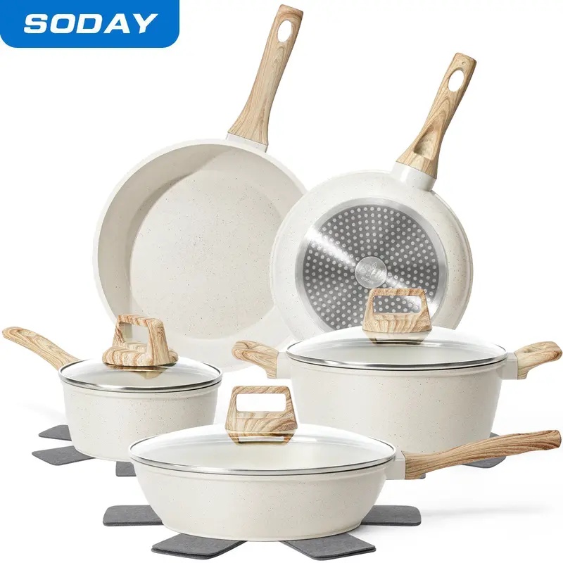 SODAY 12PCS Non Stick Cookware Set - Granite Kitchenware with Frying Pans, 1.5qt Small Pot, Saucepans, Steamer, Glass Lids, Thermal Induction Aluminium, Easy Wipe, Less Scrubbing,thanksgiving, blackfriday, christmas