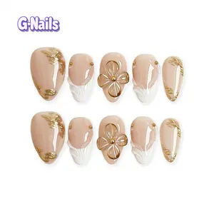 G Nails A78 Elegant White French Tips with 3D Glitterring Metallic Crystal Floral Short Almond Nails 10 pcs Handmade Press On Nails Reusable Handpaintednails