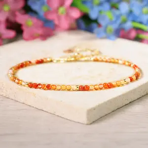 Natural Dainty Carnelian Tiny 2mm Beads Red Crystal Healing Charka Crystal Gold-Plated Chain Minimalist Bracelet Gift for Women