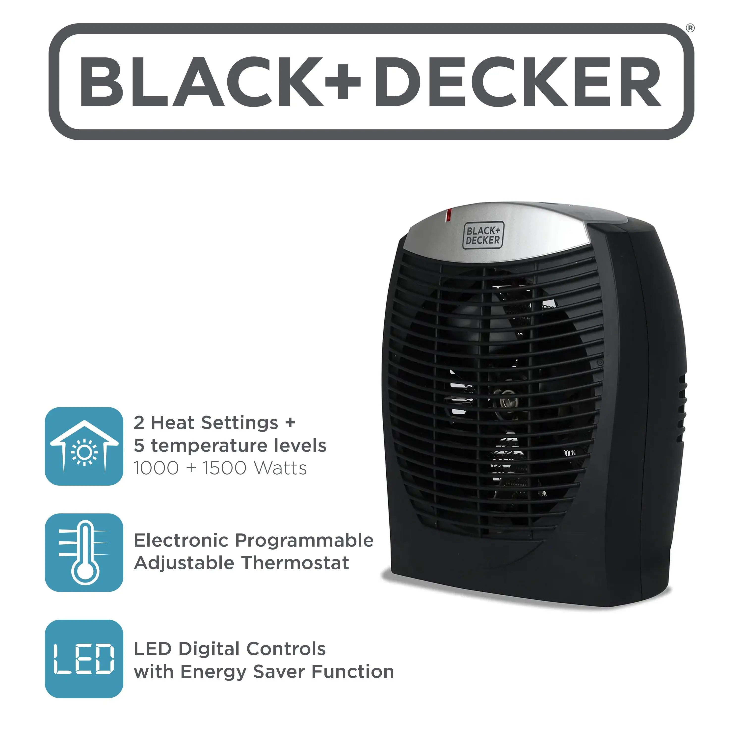 BLACK+DECKER Electric Heater, Personal Heater with 3 Settings, Portable Heater for Office, Home or Bedroom, Space Heater with Adjustable Thermostat Control & E-Save Function