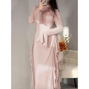 Women’s plain chic ruffle-trim dress, elegant long-sleeve dress for parties, holidays, and wedding guests, ladies’ spring and fall clothing