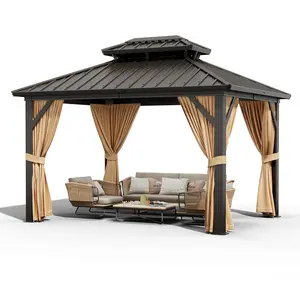 10x12 ft Hardtop Gazebo, Outdoor Heavy Duty Galvanized Aluminum Framed Double Roof Pavilion with Netting and Curtains, Waterproof Metal Roof Gazebo for Backyard, Patio, Deck and Poolside, Brown
