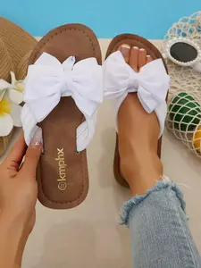 Women's Fashion Bow Flat Sandals Slippers, Comfortable Casual Slip-On Shoes, Breathable Lightweight Design, Thick Cloud Cushion Sole, Natural Romantic Classic Vintage Style, Versatile All-Season Shoes for Dresses, Pants, Beach, Vacation