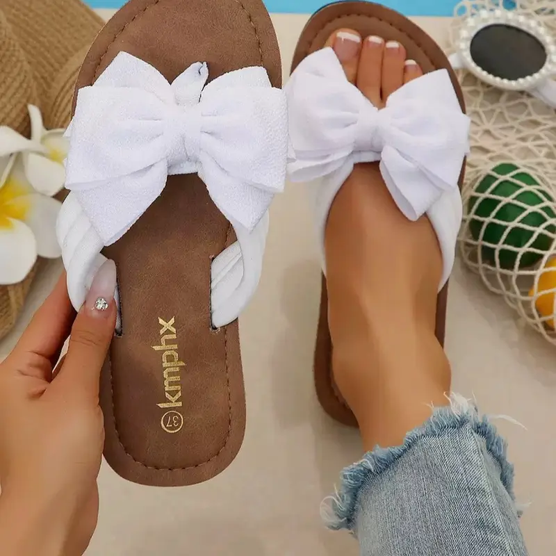 Women's Bow Flat Slide Sandals, Casual Summer Slip-On Shoes, Breathable Lightweight Design with Cloud Cushion Sole, Comfortable Vintage Style Slides for Dresses & Beach Days, Fashionable Breathable Sandals
