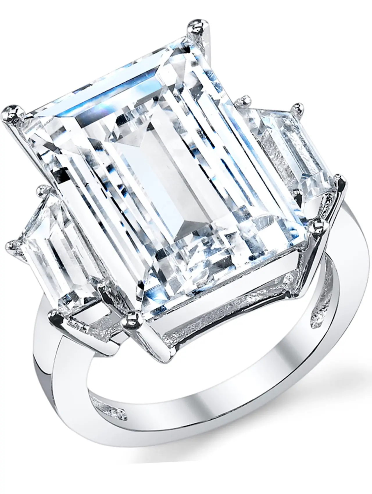 Women's 925 Solid Silver Rhodium-Plated Emerald-Cut Cubic Zirconia Engagement Wedding Ring, Rhodium Plating, Silver Rings