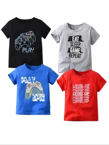 4pcs Boys Stylish Gamepad And Letter Print Boys Creative T-shirt, Casual Lightweight Comfy Short Sleeve Crew Neck Tee Tops, Kids Clothings For Summer