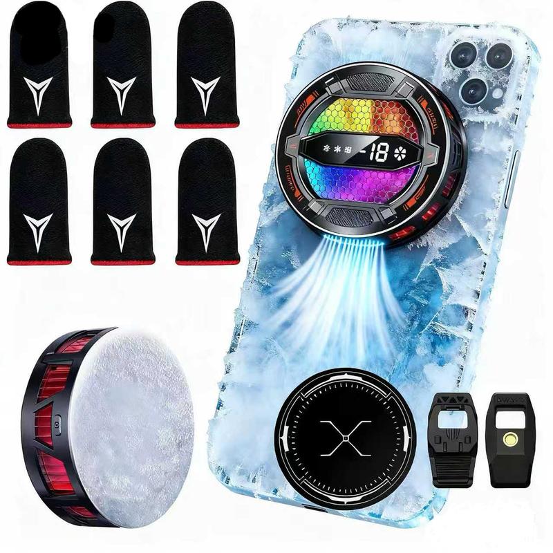 Mobile Phone Cooler, 30s Rapid Cooling with AI Mode - Magnetic Semiconductor Cooler with 3 Speeds/LED Display/IPad,Compatible for iPhone Android Gamers CODM PUBG Mobile Freefire Includes 6 Gaming Finger Sleeves and Clip