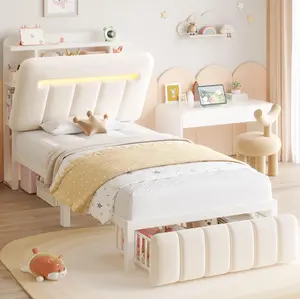 Jocoevol Twin Bed Frames with Storage Headboard for Kids, Upholstered White Bed Frame Twin Size with Storage Drawers and Charging Station,Velvet Platform Metal Bed, Noise-Free, No Box Spring Needed