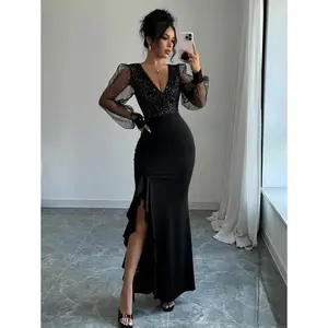 ElegantV-NeckWaistedHighSlitDress,SequinsSplicingElasticKnit,Black,SuitableForParty,DailyDates,Party&WinterMaxiWomenOutfit