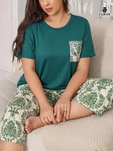 Women's Plus Size Knitted Homewear Floral Print Short Sleeve Top and Seven-Quarter Pants Sleepwear Set Casual Wearable