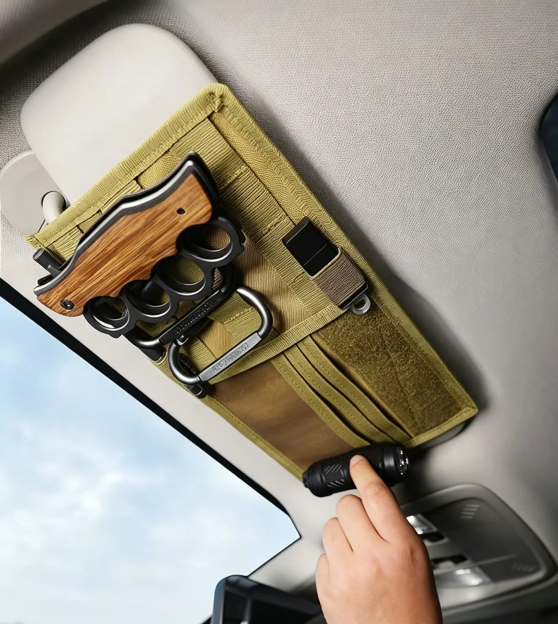 Tactical Car Sun Visor Storage Bag - Thick, Firm 1000D Feel Multifunctional Organizer with Elastic Strap Fit for Military Enthusiasts, Hangs on Visor, Car Organization Accessories