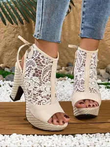 Women's Fashionable Lace Embroidered Design Ankle Strap Sandals, Elegant Open Toe High Heel Sandals for Party, Daily Clothing Decor for Women & Girls, Footwear