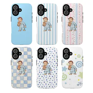 Cute Cartoon Monkey Tough Phone Case, Curious Georgeee Phone Cover, Fun Pink Animal Design Protective Phone Cover for Girls & Kids, Protective Cover, Blue Tone Case
