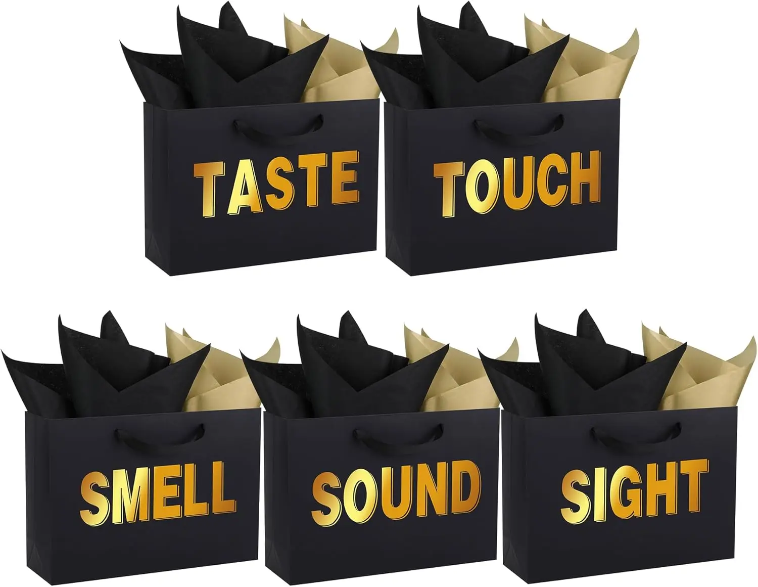 5 Senses  Bags for Him Her Five Senses  Bags with Ribbon Handles and Tissue Paper Present Wrappings for Valentine Wedding Anniversary Birthday Graduation(Black, 12.6''x8.8''x4'')
