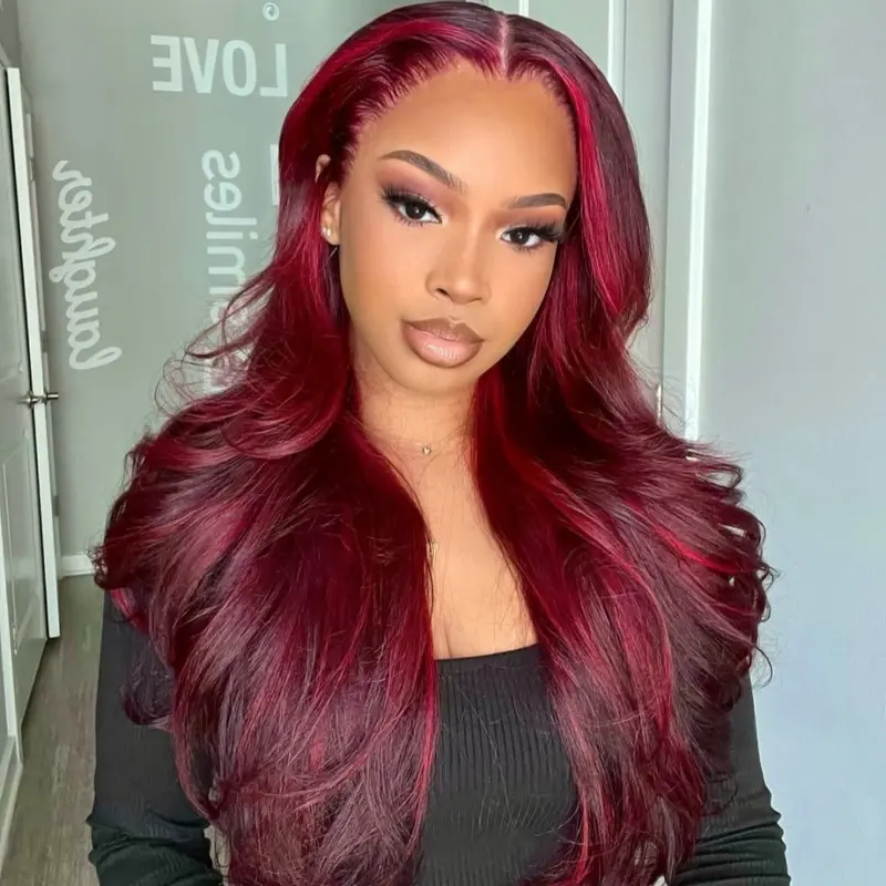 HANA HAIR Female 13X6 Transparent Lace Frontal Human Hair Wig - 99J Burgundy Red Straight Highlights Ruby, 180% Density, Heat Resistant, Adjustable Headband, 21-23.5 Inches, Suitable for Weddings, Daily Wear
