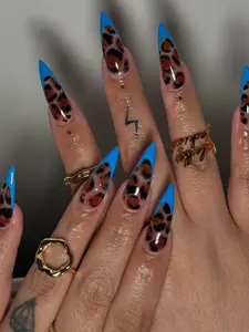 Blue French Tip Leopard Press On Nails, Blue Leopard Print Fake Nails, Fierce Press On Nails