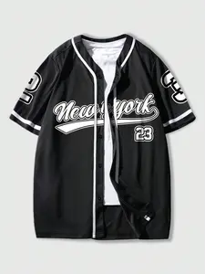 Retro New York "23" Baseball Jersey, Color Block Button-Up Short-Sleeve Shirt, Breathable Varsity Style High Street Top, First Choice for Daily Outings & Summer Outfits, TikTok Eye-Catching Piece