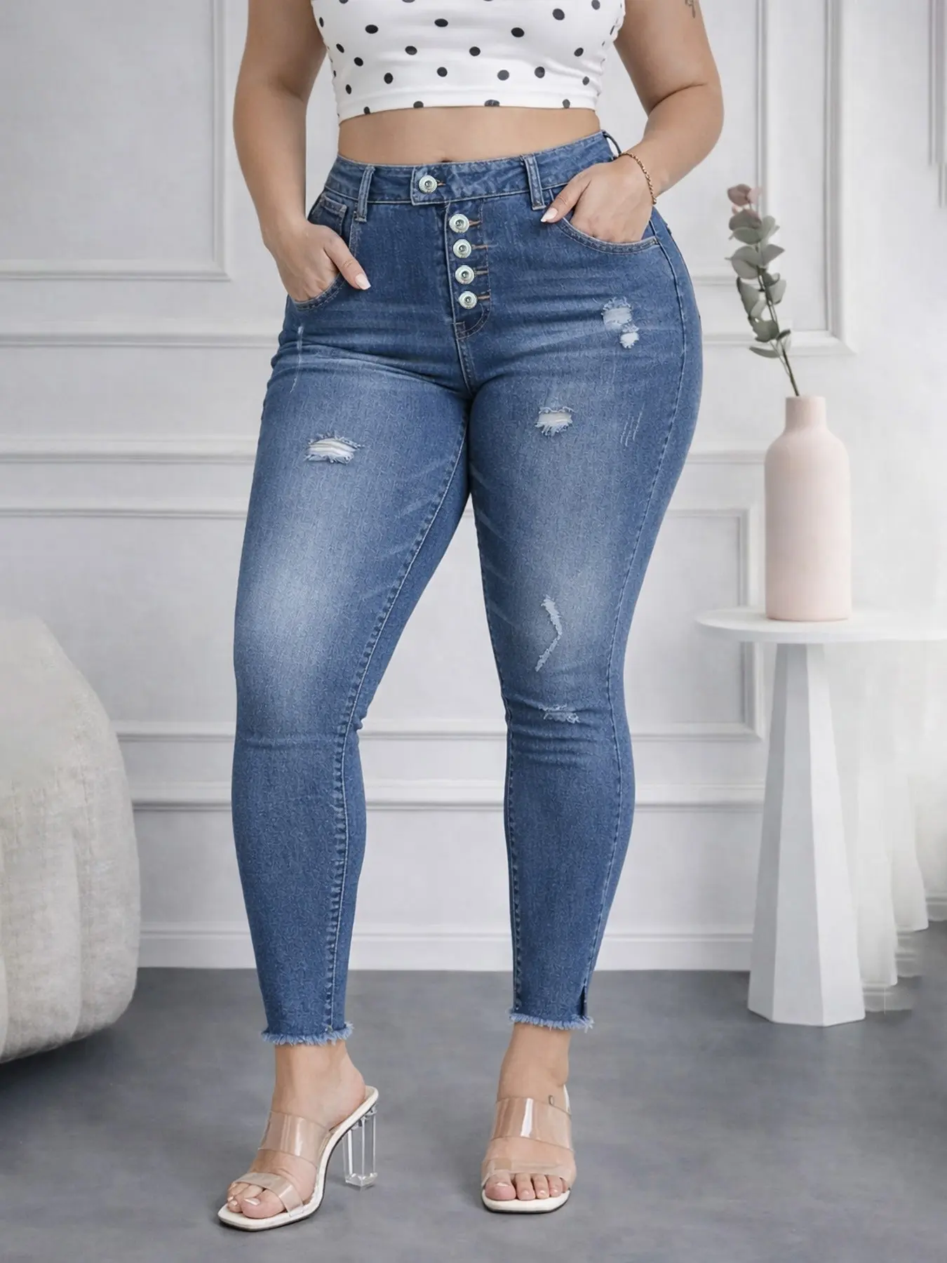Women's High Elasticity Stretchy Casual Fashion Denim Jeans, Basic Fitted Slim Skinny Pants with Ripped Design, Casual All-Season Wear, Comfortable Stretch Fabric, Distressed Skinny Jeans