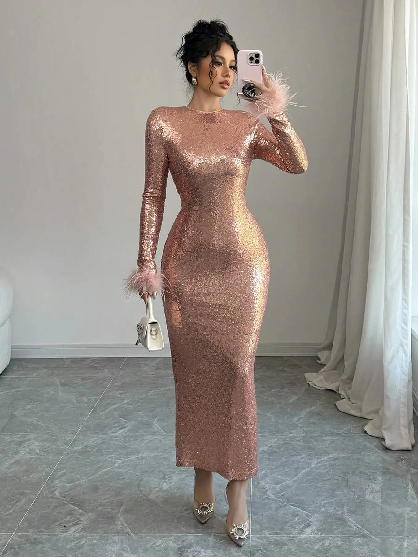 Women's Champagne Gold Sequined Long Sleeve Feather Sleeve Bodycon Midi Dress, Elegant Sexy Formal Wear Party Gown, Tight Fit Design, Perfect for Parties and Luxurious Evening Events