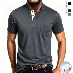 TOOTD Premium — High-stretch men’s polo shirt with a Henley collar (true size), 95% cotton + 5% spandex premium fabric—highly elastic, comfortable, breathable; men’s riding apparel, rowing apparel; 13 oz heavyweight; summer essential.